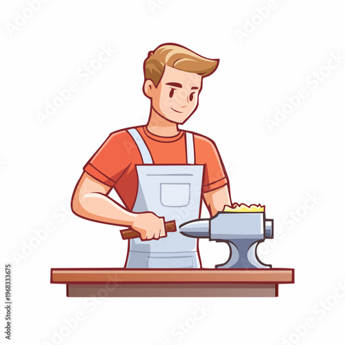 Cartoon blacksmith character working at the anvil with hammer