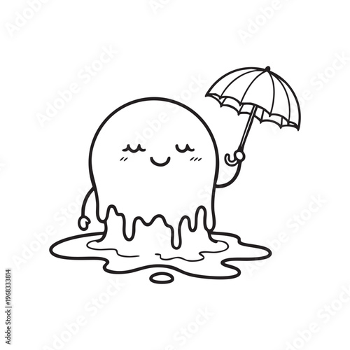 A cute ghost character holds an umbrella in a puddle a charming black outline silhouette