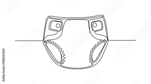 Baby Diaper Concept. Minimalistic one-line drawing diaper with fasteners and leg openings, continuous single black line on white background, simple outline