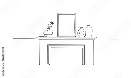 Home Decor Mantel. Minimalistic one-line drawing mantel with decorative items arranged neatly, continuous single black line on white background, simple outline