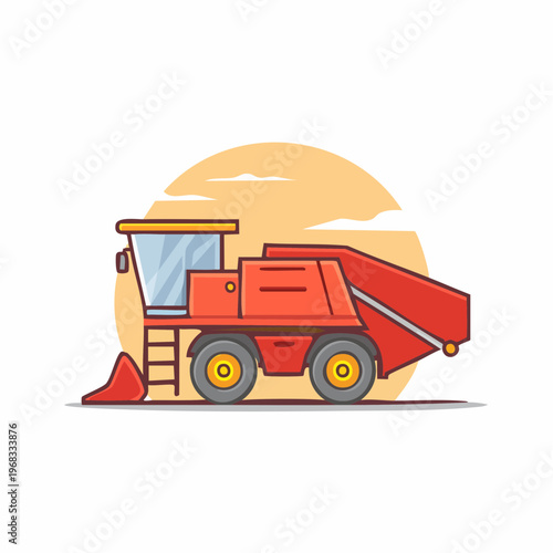Cartoon illustration of a red combine harvester with a sun background.