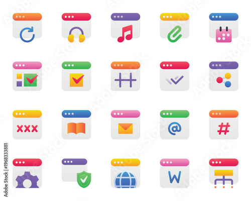 Gradient color icons set for Webpages, websites, browser, window