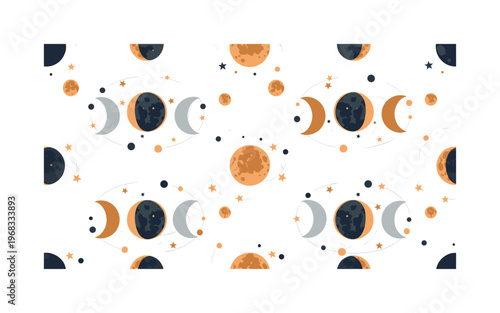 lunar phases seamless pattern, repeating pattern, surface design, textile print, modern illustration of waxing crescent, full moon, waning crescent, stars,