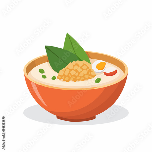 Illustration of a bowl of arroz caldo with garnishes