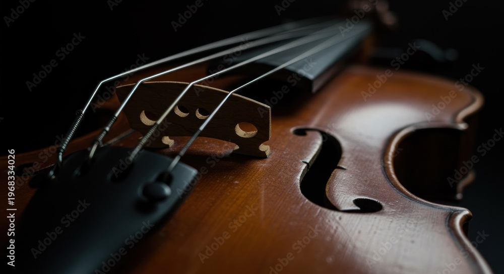 Fototapeta premium Close up of a classical stringed instrument with four strings bridge and f hole details