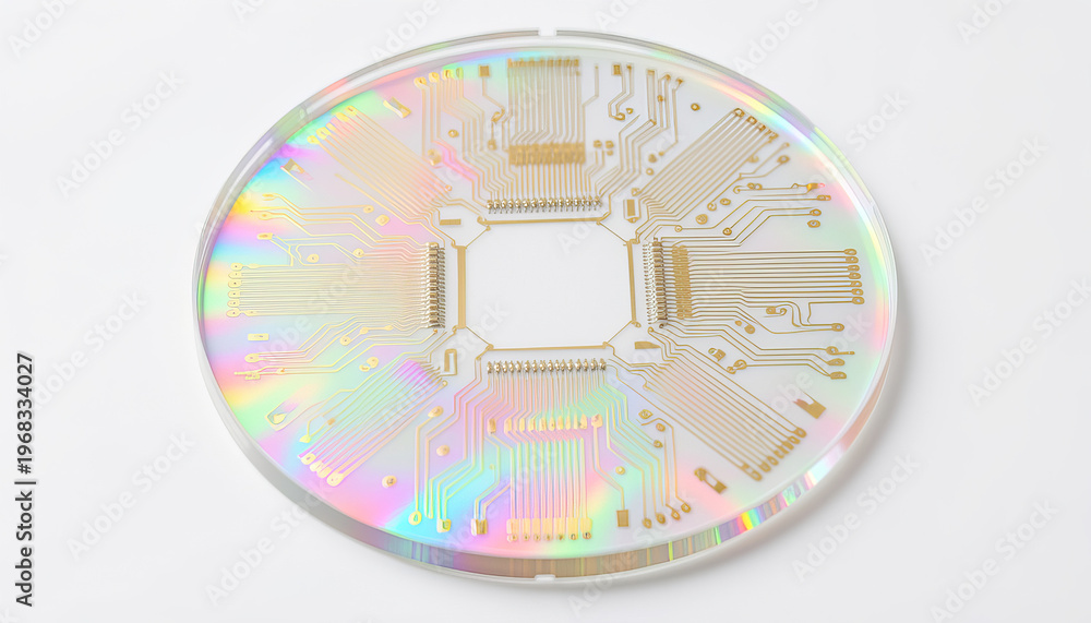 Fototapeta premium Transparent circuit wafer with iridescent reflections, intricate microelectronic pathways and advanced chip design
