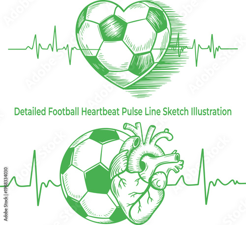 Soccer ball heart and human heart illustrations combined with an active heartbeat line