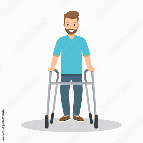 Smiling man using a walking frame for support during recovery in illustration