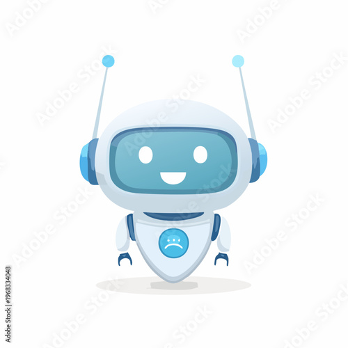 Friendly robot character smiling with blue antenna and happy face, cheerful technology.