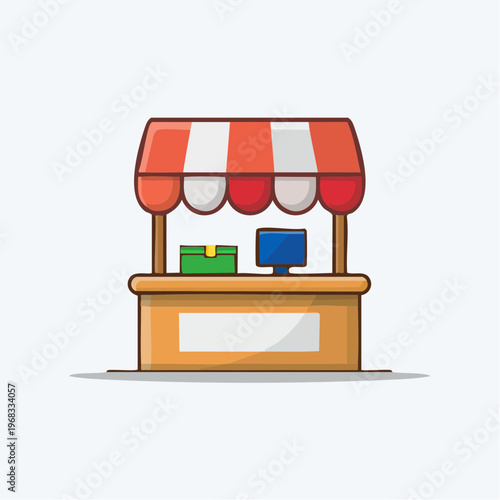 Cartoon illustration of a market stall with cash register and goods display