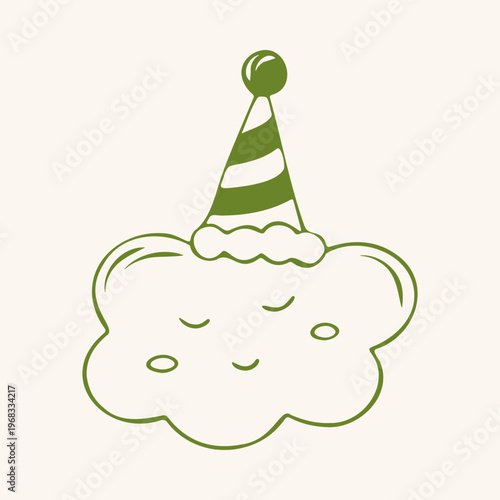 Cute sleeping cloud in party hat with pompom, green outline doodle flat retro style. Whimsical minimalist hand drawn vector illustration for baby shower, nursery or birthday decor. Isolated on beige