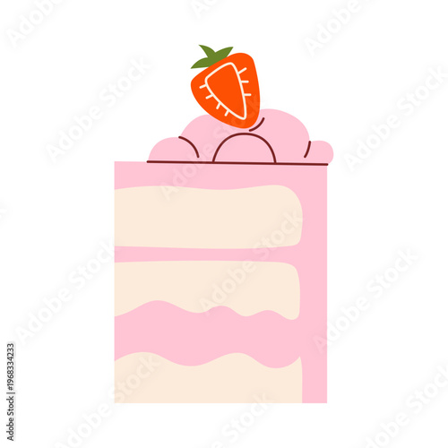 Cute piece of strawberry layer cake with pink frosting, colorful flat retro style. Whimsical minimalist hand drawn vector illustration of dessert for birthday, anniversary on white background