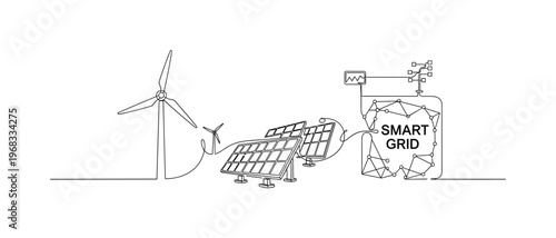 Renewable Energy Control. Minimalistic one-line drawing wind turbines and solar arrays feeding electricity to smart grid system, continuous single black line