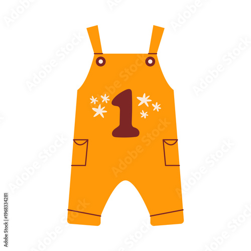 Cute baby overalls with number one and stars, colorful flat retro style. Whimsical minimalist hand drawn vector illustration for boy first birthday or party decor. Isolated on white background.