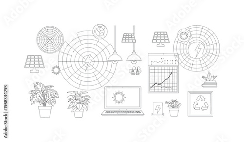 energy-efficient workspace circular grids thin lines and abstract solar icons realistic monochrome office with potted plants, energy-saving lighting, and