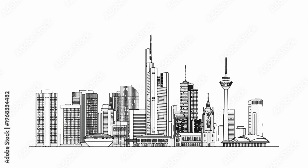 Obraz premium A minimalist black and white outline drawing of a sprawling cityscape