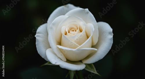 Close up of a white rose in bloom against a dark background