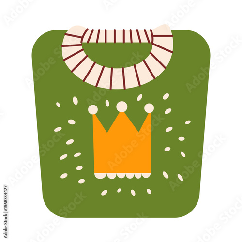 Cute green baby sweater with a golden crown and ruffle detail, flat retro style. Whimsical hand drawn vector illustration for prince birthday, nursery or infant clothes. Isolated on white background.