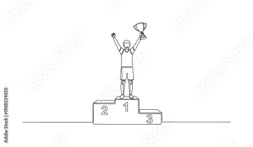 Champion Victory. Minimalistic one-line drawing athlete on podium smiling and raising trophy, continuous single black line on white background, simple outline