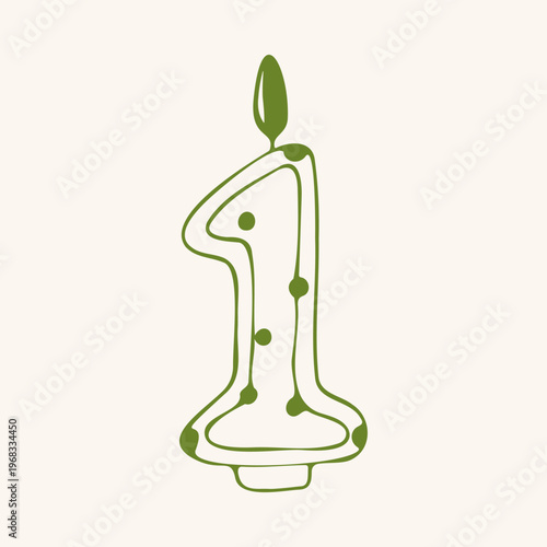 Cute number one birthday candle with polka dots and flame, green outline minimalist flat retro style. Whimsical hand drawn vector illustration for baby first anniversary or party decor on beige