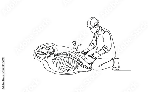 Fossil Discovery. Minimalistic one-line drawing archaeologist uncovering fossilized skeletal remains, continuous single black line on white background, simple