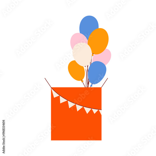 Cute gift box with colorful flying out balloons and bunting, flat retro style. Whimsical hand drawn minimalist vector illustration for surprise birthday, celebration or holiday. Isolated on white