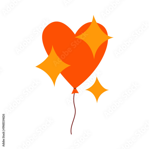 Heart shaped red balloon with yellow sparkling stars, colorful flat retro style. Cute minimalist hand drawn vector illustration for Valentine Day, wedding or birthday celebration on white background.