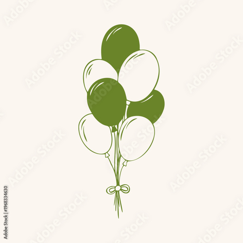 Bunch of party balloons tied with a bow, green outline doodle flat retro style. Cute minimalist hand drawn vector illustration for celebration, birthday or holiday. Isolated on beige background