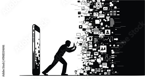 man pushing wall of social media icons