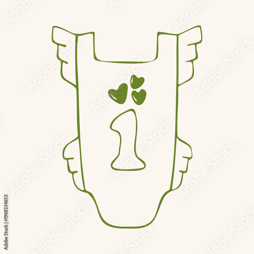 Cute baby girl bodysuit with number one and hearts. Minimalist red outline doodle flat vector illustration for first birthday, kids celebration, poster, greeting card. Isolated on beige.