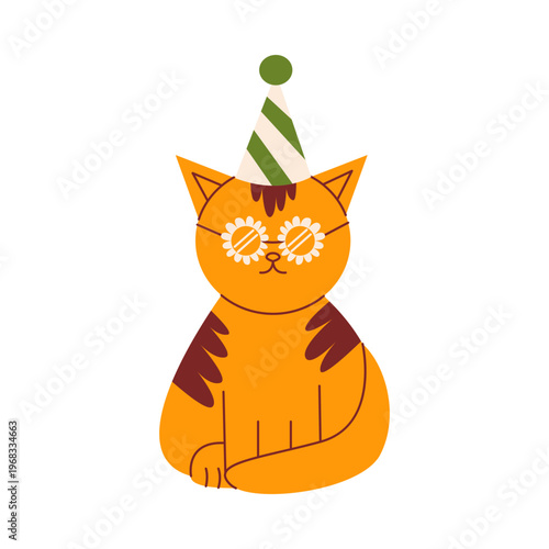 Cute cat in party hat and funny flower shaped glasses, colorful flat retro style. Whimsical minimalist hand drawn vector illustration of a birthday pet for greeting card. Isolated on white background.