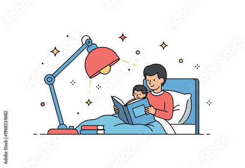 Reading a bedtime story bedtime bonding scene where a parent embraces a child while reading a storybook with tiny sparkle and star icons highlighting warmth,