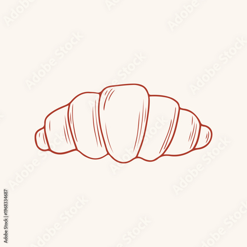 Classic french croissant illustration in red linear art style. Hand drawn minimalist pastry isolated on light beige. For bakery labels, recipe books, breakfast menus and vintage aesthetic project