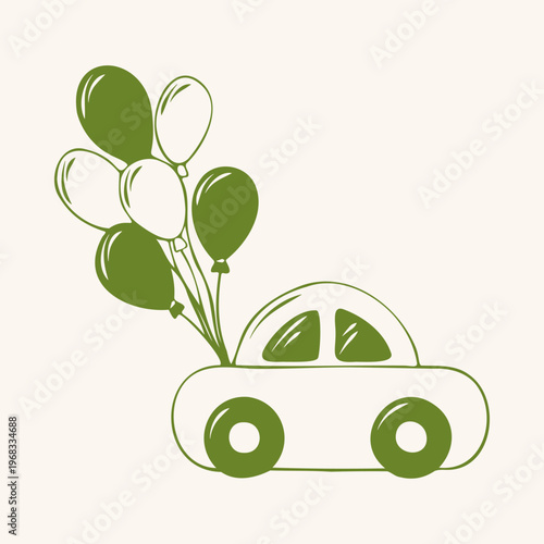 Cute toy car carrying balloons, green outline doodle flat retro style. Whimsical minimalist hand drawn vector illustration for birthday celebration concept, greeting card. Isolated on beige background