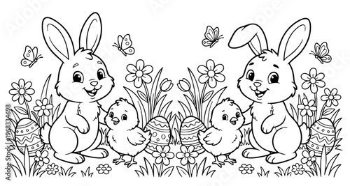 a4 colouring page bunny painting an easter egg. ready to print on standard A4 paper.