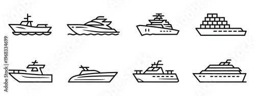 Ship line icon set, boat and vessels for sea travel and transportation, hand drawn vector illustration in black and white, minimalist design