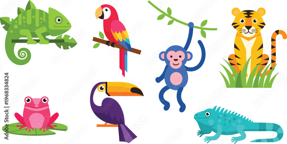 Obraz premium Colorful Jungle Animals Set with Chameleon, Parrot, Monkey, Tiger, Frog, and Toucan for Kids Nature Illustrations