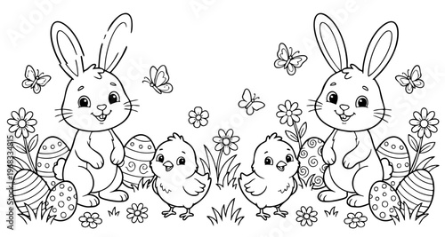 a4 colouring page bunny painting an easter egg. ready to print on standard A4 paper.