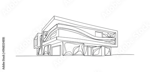 Biodegradable Architecture Concept. Minimalistic one-line drawing modern building with walls and roof made from sustainable materials, continuous single black