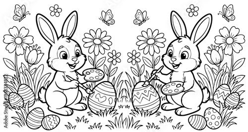 a4 colouring page bunny painting an easter egg. ready to print on standard A4 paper.