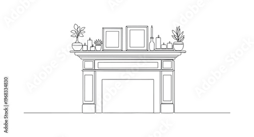 Stylish Mantel. Minimalistic one-line drawing decorative objects like small plants, candles, and frames on mantel, continuous single black line on white