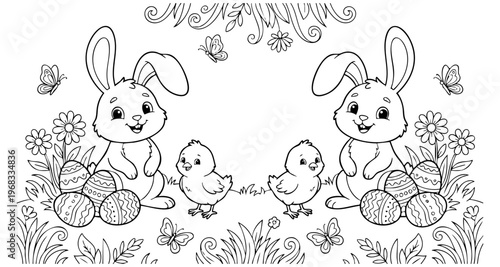 a4 colouring page bunny painting an easter egg. ready to print on standard A4 paper.