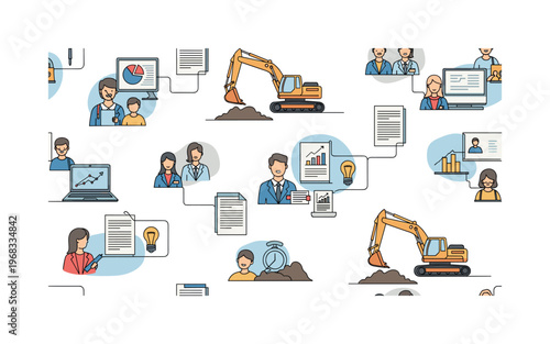 job planning seamless pattern, repeating pattern, surface design, textile print, modern illustration of applicants with resumes, laptops, briefcases,