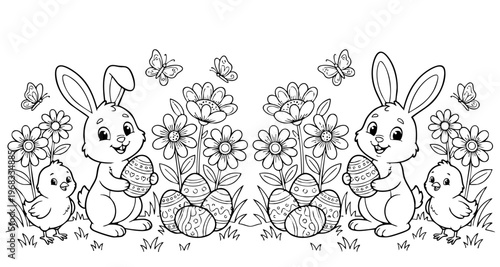 a4 colouring page bunny painting an easter egg. ready to print on standard A4 paper.