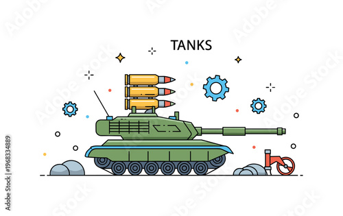 Tanks tank battle preparation concept where a tank is loaded with ammunition and ready for operation while tiny sparkle and gear icons highlight readiness,