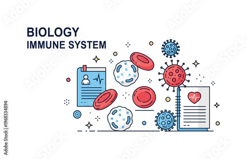 Biology immune system concept where white blood cells and pathogens are illustrated while tiny sparkle and star icons highlight defense, biology, and