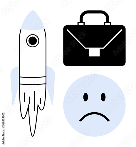Business failure concept. Depicting challenges with a rocket, briefcase, and sad face for disruption, setbacks, and entrepreneurship. Useful for startups, leadership, and financial loss