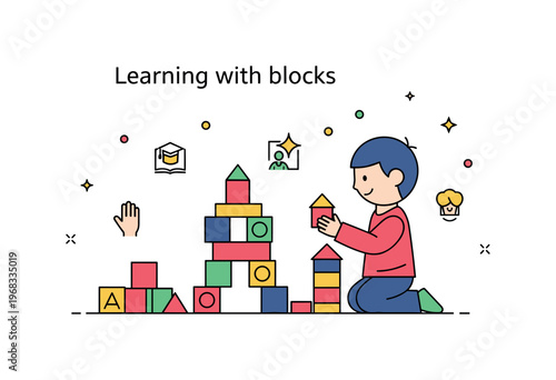Learning with blocks educational play scene where a child stacks colorful wooden blocks while small sparkle and star icons emphasize creativity,
