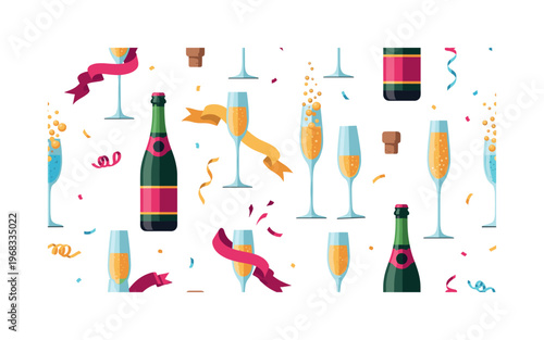 fizz motifs seamless pattern, repeating pattern, surface design, textile print, modern illustration of champagne glasses, sparkling bubbles, bottles, corks,