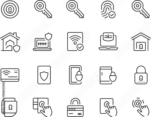 Black and white line of security and protection symbols line black and white keys locks
